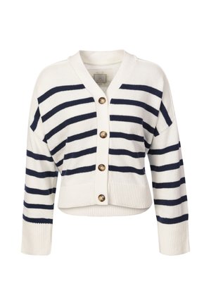 Hvid strikket cardigan med marineblå vandrette striber, V-udskæring, ribbet manchetter og kant og fire store brune knapper foran.