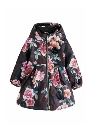 Kinderkapuzenjacke in Schwarz mit pinkem und lila Blumenmuster, Frontreißverschluss und elastischen Bündchen.