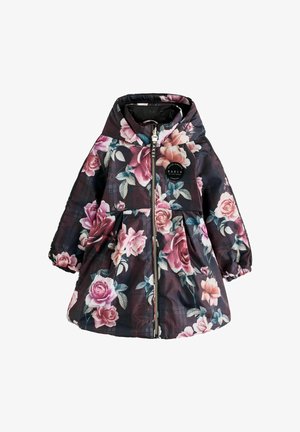 Kinderkapuzenjacke in Schwarz mit pinkem und lila Blumenmuster, Frontreißverschluss und elastischen Bündchen.