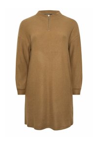 Knielanges, geripptes braunes Kleid mit hohem Kragen und einem halben Reißverschluss. Hat lange Ärmel und eine lockere Passform. Aus weichem, strukturiertem Material.