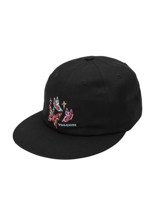 Casquette de baseball noire avec des papillons brodés colorés et le mot "Volcom" sur le côté avant gauche.