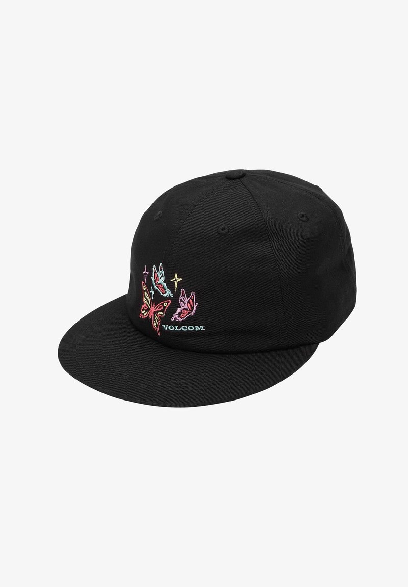 Casquette de baseball noire avec des papillons brodés colorés et le mot "Volcom" sur le côté avant gauche.