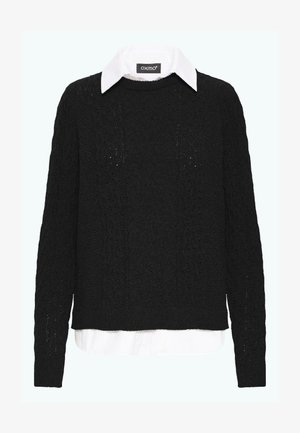 Black textured sweater with a round neckline and long sleeves, layered over a white collared shirt. Features a cable knit pattern.