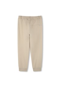 Beige sportnadrág elasztikus derékkal, tapered (tapered - visszahúzott) szárakkal és hátsó zsebbel. Simaszerű anyag, enyhe fényességgel és könnyű kivitelezéssel.