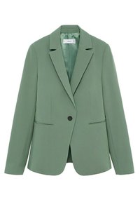 Zielona marynarka z gładkiego materiału, z jednym guzikiem, klapami w kształcie notcha i dwoma przednimi kieszeniami. Odpowiednia do noszenia na formalne lub smart-casual okazje.