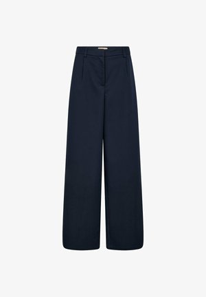 Navy wide-leg trousers made of smooth fabric, featuring a flat front, side pockets, and a structured waistband for a tailored fit.