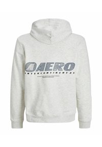 Szara bluza z kapturem z miękkiego materiału z dużym, ciemnoniebieskim napisem "AERO INTERCONTINENTAL" na plecach.