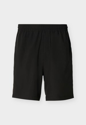 Sorte shorts med elastik i taljen, sidelommer, lige snit og længde til midt på låret, vist på en ensfarvet lys baggrund.