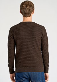 Ruskea neulottu villapaita, jossa on kohokuvioitu timantinmuotoinen kuvio, resorit hihansuissa ja helmassa sekä pyöreä pääntie. Yhdistetty sinisiin farkkuihin.