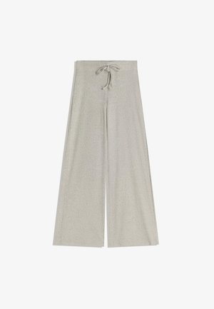 Pantaloni a gamba larga a coste di colore grigio chiaro con vita regolabile. Realizzati in materiale morbido, presentano una finitura texturizzata e una silhouette fluida.