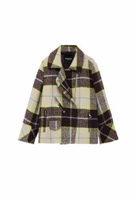 Kariertes Jackett in Beigetönen, Braun, Grün und Blau. Mit Kragen, Reißverschluss-Taschen und einem strukturierten Design. Hergestellt aus strukturiertem Stoff.