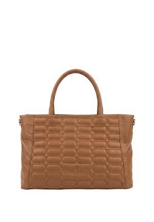 Borsa a mano in pelle marrone con motivo rettangolare trapuntato, doppi manici arrotondati e nome del marchio ricamato al centro davanti.
