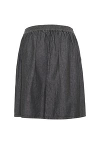 Jeanskjol med elastisk midja, mörkgrå färg, rynkad design, slutar ovanför knäet, slät textur, inga synliga mönster eller detaljer.