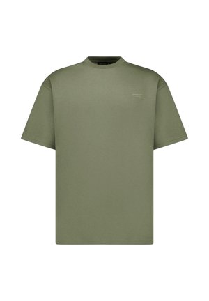 Olijfgroene T-shirt met korte mouwen en een ronde hals, met een kleine witte logoprint op de borst. Zacht katoenmateriaal en een ontspannen pasvorm.