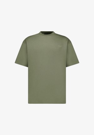 Olijfgroene T-shirt met korte mouwen en een ronde hals, met een kleine witte logoprint op de borst. Zacht katoenmateriaal en een ontspannen pasvorm.