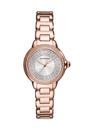 Rose gold watch with a round case, metallic textured dial, and crystal accents. Bracelet features large links for a chunky appearance.