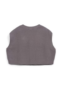 Maglione cropped senza maniche in morbido punto di maglia grigia a coste. Collo rotondo e ampie aperture per le braccia, con un bordo inferiore aderente.