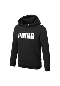 Czarna bluza z kapturem, wykonana z miękkiego materiału, z kieszenią z przodu, długimi rękawami i dużym białym logo "PUMA" na klatce piersiowej.
