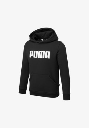 Hoodie noir en tissu doux, avec une poche avant, des manches longues et un grand logo "PUMA" blanc sur la poitrine.