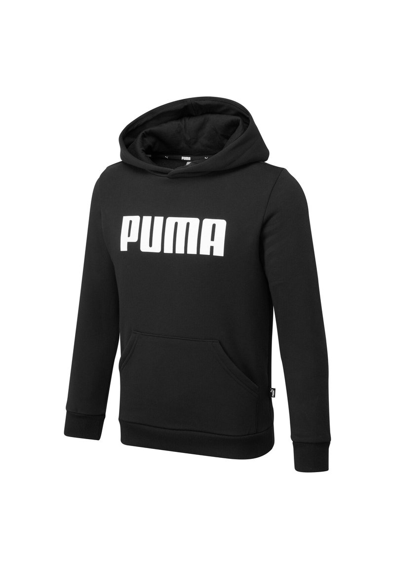 Czarna bluza z kapturem, wykonana z miękkiego materiału, z kieszenią z przodu, długimi rękawami i dużym białym logo "PUMA" na klatce piersiowej.