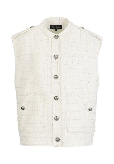 Witte mouwloze vest gemaakt van gestructureerde stof, met een rasterpatroon, zilveren knopen en twee voorzakken.
