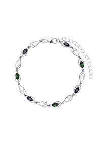 Bransoletka w kolorze srebrnym z naprzemiennie ułożonymi kształtami kropli i owalnymi kamieniami szlachetnymi w odcieniach zieleni i niebieskiego, z zapięciem i regulowanym łańcuszkiem.