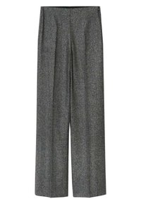 Pantalon à jambes larges en tissu gris à finition texturée. Il présente des plis à l'avant et une ceinture avec une fermeture dissimulée.