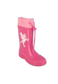 Botte de pluie en caoutchouc rose avec une semelle texturée, un bord rose clair et un cordon de serrage ajustable. Présente un graphique de licorne blanche sur le côté.