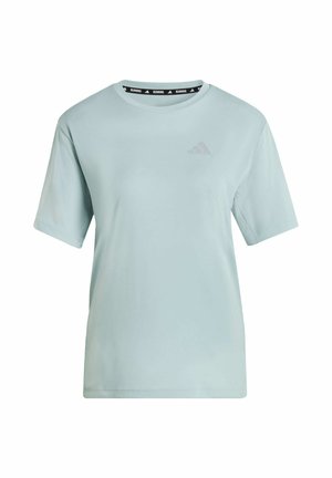 Vaaleansininen lyhythihainen urheilupaita, pehmeästä kankaasta, jossa hienovarainen logo rinnassa ja musta kaulus, jossa teksti "RUNNING".