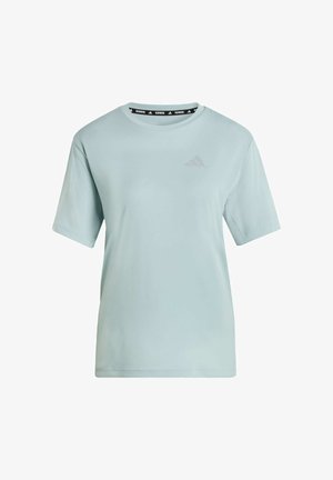 Vaaleansininen lyhythihainen urheilupaita, pehmeästä kankaasta, jossa hienovarainen logo rinnassa ja musta kaulus, jossa teksti "RUNNING".