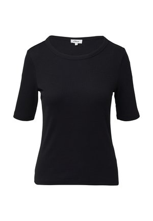 Schwarzes T-Shirt mit kurzen Ärmeln aus geripptem Stoff. Verfügt über einen runden Halsausschnitt und eine figurbetonte Silhouette. Einfaches, ungeschmücktes Design.