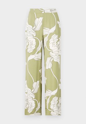 Kvetinové široké nohavice v svetlozelenej farbe s bielymi botanickými vzormi. Majú elastický pás a mäkkú, textúrovanú látku.