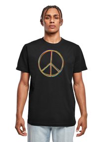 Sort bomulds T-shirt med et flerfarvet fredssymbol-design på brystet. Klassisk rund hals og korte ærmer. Casual fit.