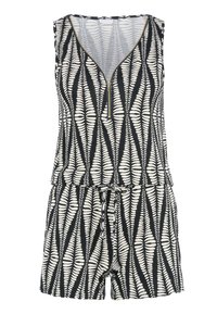 Rompers noir et blanc avec un motif de fougère, sans manches, décolleté en V avec une fermeture éclair, et une taille élastique avec un cordon de serrage.