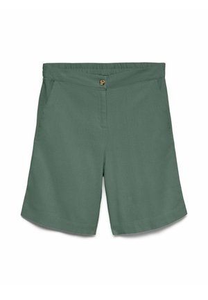 Grønne shorts med høy midje, elastisk bakre midjebånd, knappelukking foran og sidelommer, vist flatt på hvit bakgrunn.