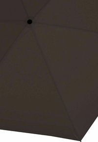 Folded umbrella with a dark brown fabric canopy, smooth texture, and a black round button at the center top; eight rib structure visible.