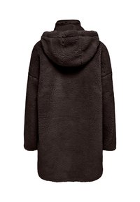 Veste longue en peau lainée marron foncé à capuche avec un extérieur texturé et moelleux, vue de dos sur fond blanc.