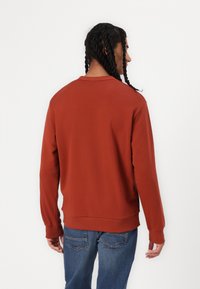 Roodbruine sweatshirt met een ronde hals, lange mouwen en ribbels aan de manchet. Draagt met blauwe jeans, van achteren bekeken. Glad van textuur.