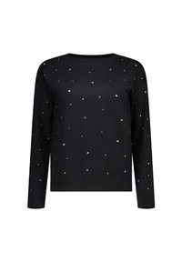 Maglione lungo nero a maniche lunghe con scollatura rotonda, decorato con piccole paillettes argentate sparse su fronte e maniche.