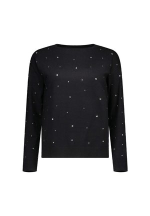 Zwart longsleeve trui met ronde halslijn, versierd met verspreide kleine zilveren pailletten over de voorkant en mouwen.