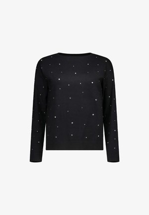 Maglione lungo nero a maniche lunghe con scollatura rotonda, decorato con piccole paillettes argentate sparse su fronte e maniche.