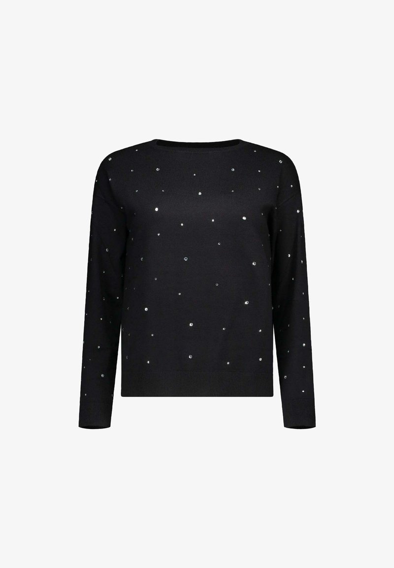 Maglione lungo nero a maniche lunghe con scollatura rotonda, decorato con piccole paillettes argentate sparse su fronte e maniche.