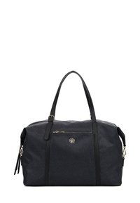 Borsa in materiale sintetico nero con motivo testurizzato, doppio manico, chiusura con zip superiore, tasca frontale con zip e dettaglio del logo in tonalità oro.