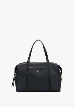 Borsa in materiale sintetico nero con motivo testurizzato, doppio manico, chiusura con zip superiore, tasca frontale con zip e dettaglio del logo in tonalità oro.