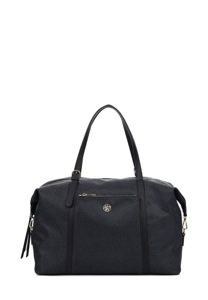 Borsa in materiale sintetico nero con motivo testurizzato, doppio manico, chiusura con zip superiore, tasca frontale con zip e dettaglio del logo in tonalità oro.