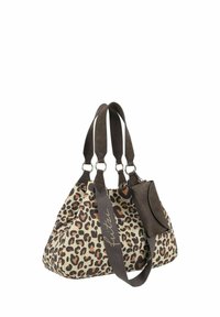 Borsa a tracolla con stampa leopardo su sfondo beige, manici marrone scuro e una pochette staccabile marrone. Tessuto testurizzato con dettagli in metallo argentato.