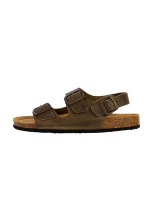 Brown leather sandal with dual adjustable straps, cork footbed, and black rubber outsole. Open design with minimal coverage.