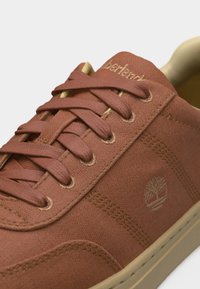 Hnědá neformální teniska s odpovídajícími tkaničkami, béžovou podrážkou a vyšívaným logem na boku a jazyku.