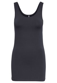 Débardeur gris foncé avec une coupe ajustée, fabriqué en tissu extensible, doté de larges bretelles et d'un col arrondi.