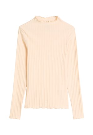 Beiges, geripptes Langarmshirt mit Stehkragen und wellenförmigen Abschlüssen am Kragen, an den Bündchen und am Saum.